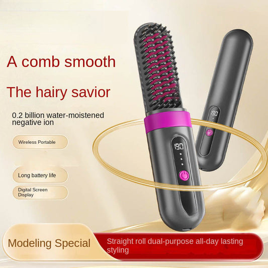 New Wireless Straight Hair Does Not Hurt Negative Ion Mini Portable Dual-purpose Fluffy Artifact Curly Hair Lazy Splint Electric Comb