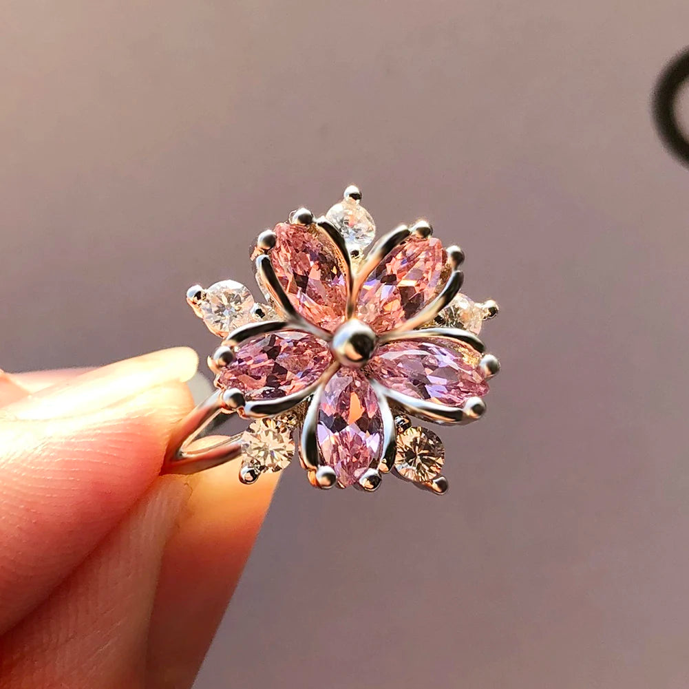 Cute Female Pink Crystal Stone Ring Charm Silver Color Thin Wedding Rings For Women Dainty Bride Flower Zircon Engagement Ring