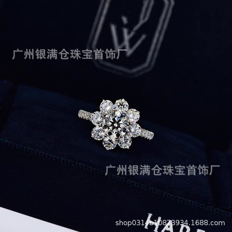 925 Sterling Silver Sunflower Ring Simulated Diamonds