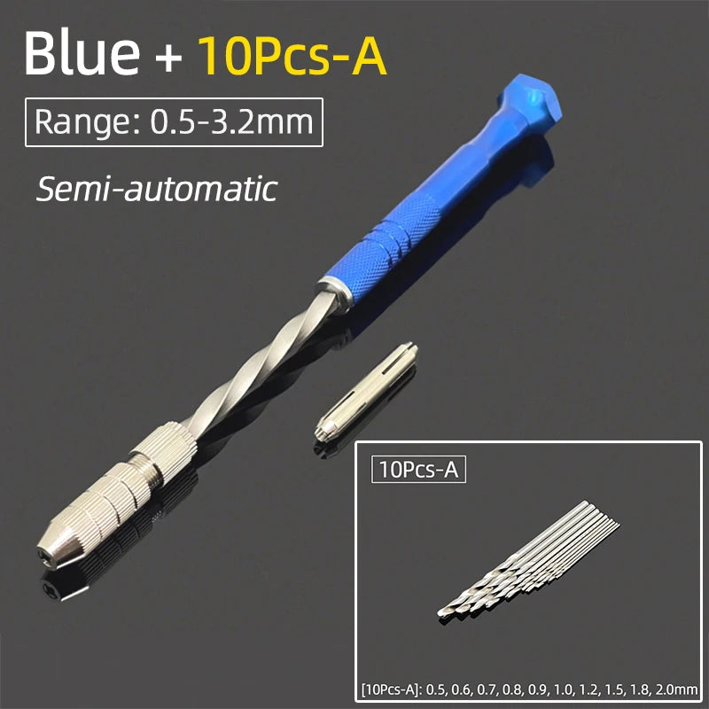 Semi-Automatic Mini Micro Hand Drill Aluminum Spiral Hand Manual Push Chuck 0.2-3.0mm Twist Drill Bits Manual Hole Punch Tools