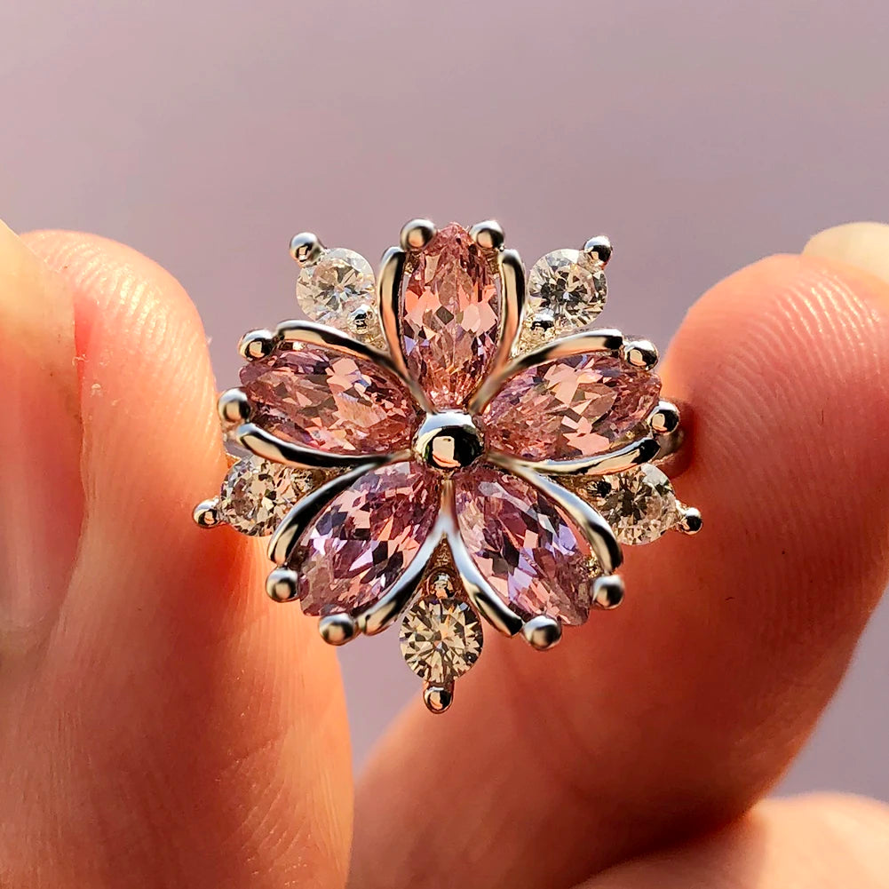 Cute Female Pink Crystal Stone Ring Charm Silver Color Thin Wedding Rings For Women Dainty Bride Flower Zircon Engagement Ring