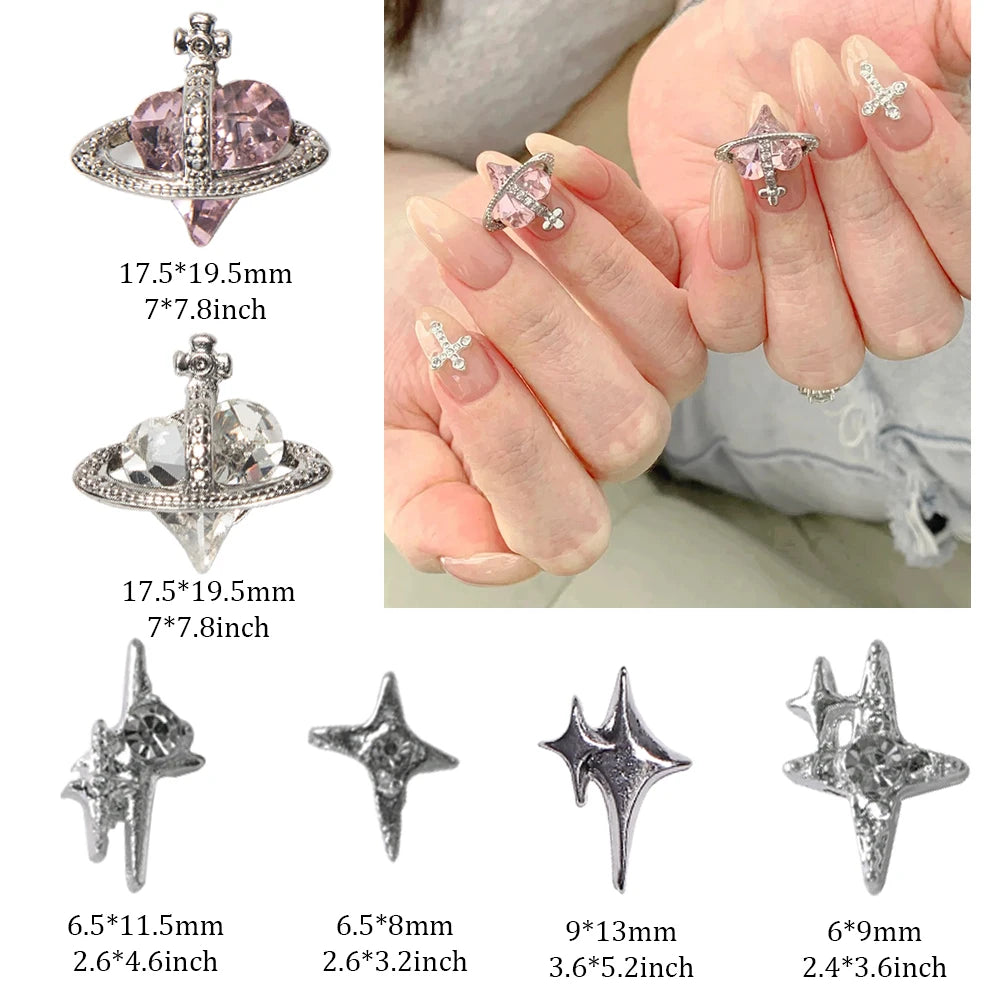 48PCS Planet Nail Charms 3D Nail Art Jewelry Saturn Shape Nail Rhinestones Pentagram Charms for Nails Silver Starlight Nail Gems