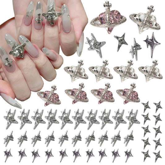 48PCS Planet Nail Charms 3D Nail Art Jewelry Saturn Shape Nail Rhinestones Pentagram Charms for Nails Silver Starlight Nail Gems