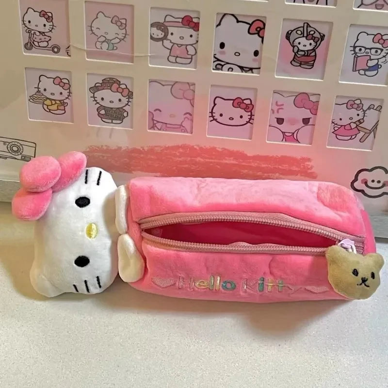 Sanrio Kawaii Hello Kitty Pencil Case Anime Plush Doll Sweet Cartoon Cute Pink Large Cartridge School Supplies Stationery Pouch