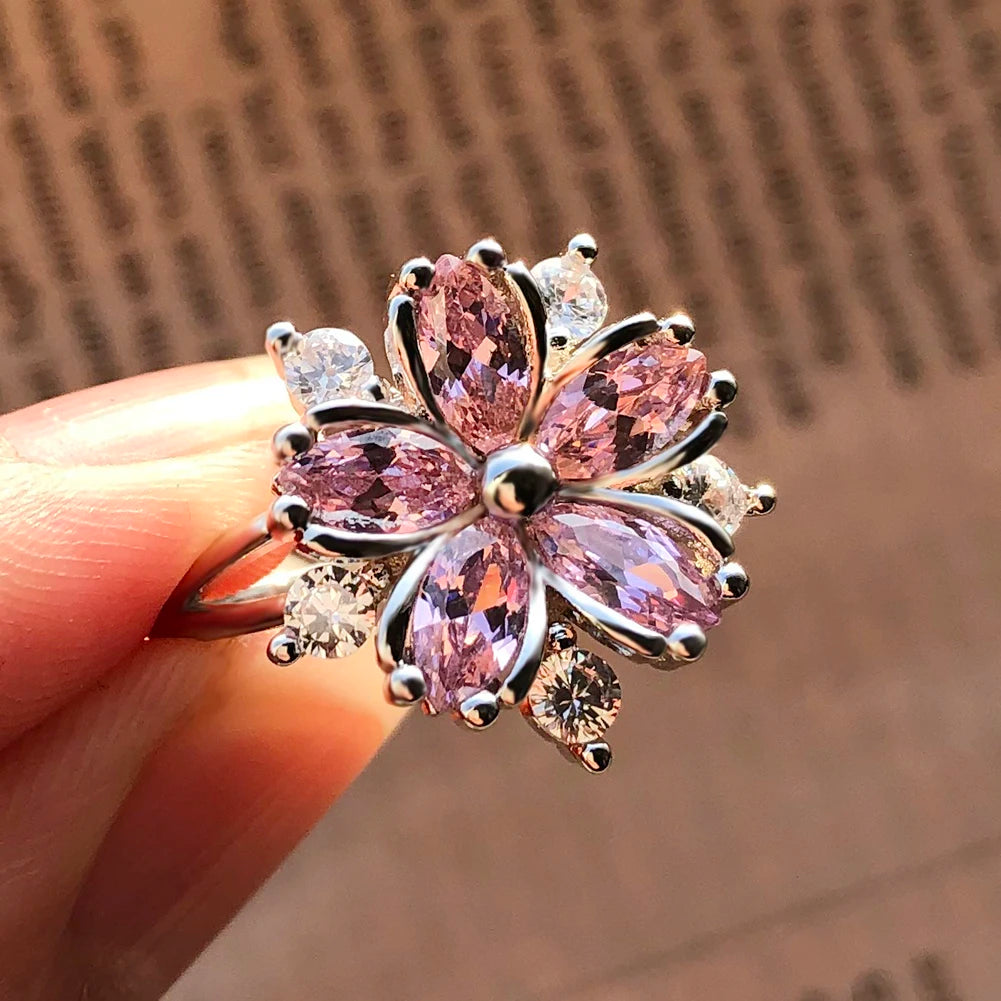 Cute Female Pink Crystal Stone Ring Charm Silver Color Thin Wedding Rings For Women Dainty Bride Flower Zircon Engagement Ring