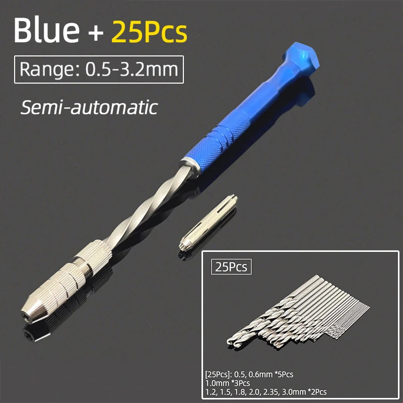 Semi-Automatic Mini Micro Hand Drill Aluminum Spiral Hand Manual Push Chuck 0.2-3.0mm Twist Drill Bits Manual Hole Punch Tools