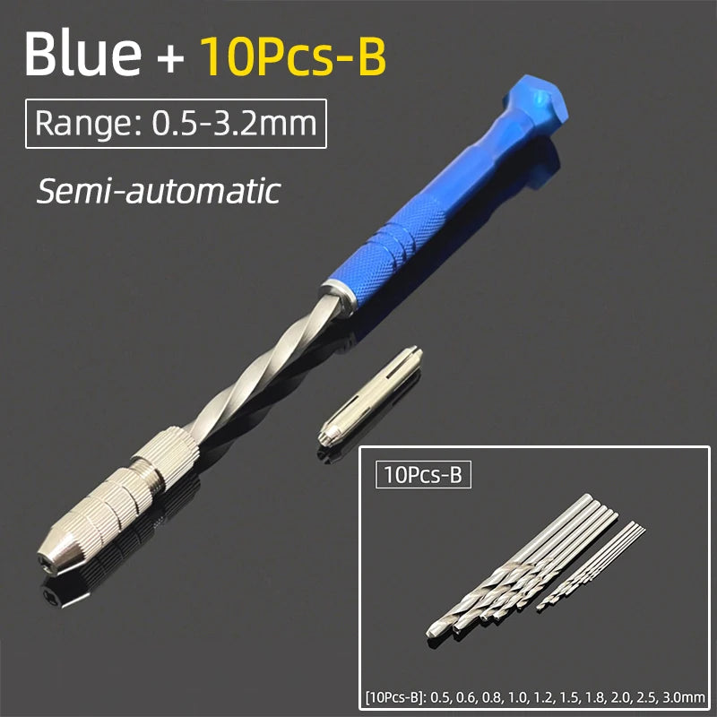 Semi-Automatic Mini Micro Hand Drill Aluminum Spiral Hand Manual Push Chuck 0.2-3.0mm Twist Drill Bits Manual Hole Punch Tools