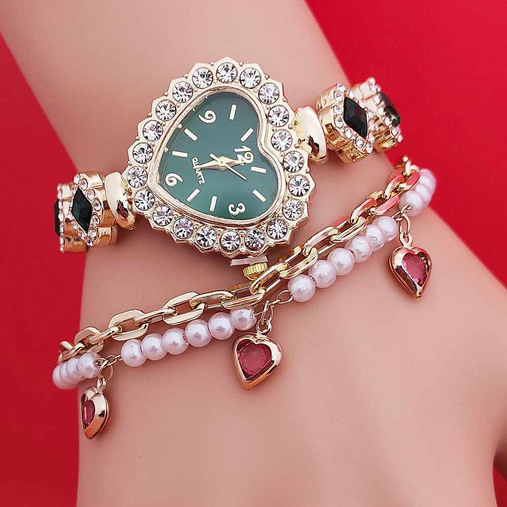 Fashion Love Shape Bracelet Watch Set Diamond Colored Heart Quartz Watch Women's Fashion Jewelry Set Valentine's Day Gift