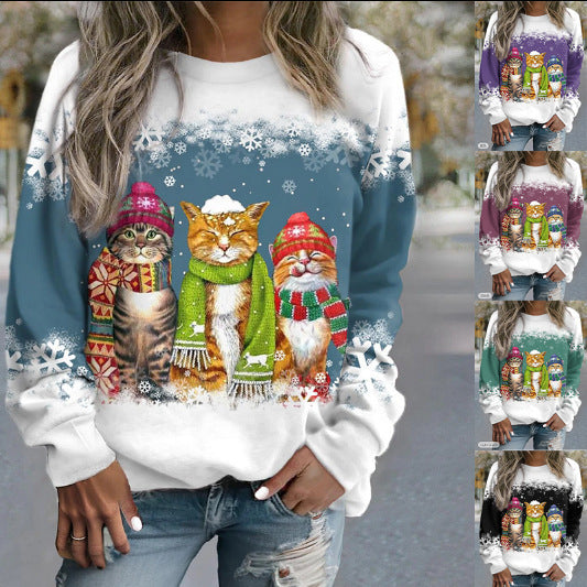 Cross-border Women's Christmas New Snowman And Cat Printed Long Sleeve Casual Loose-fitting T-shirt Christmas Supplies